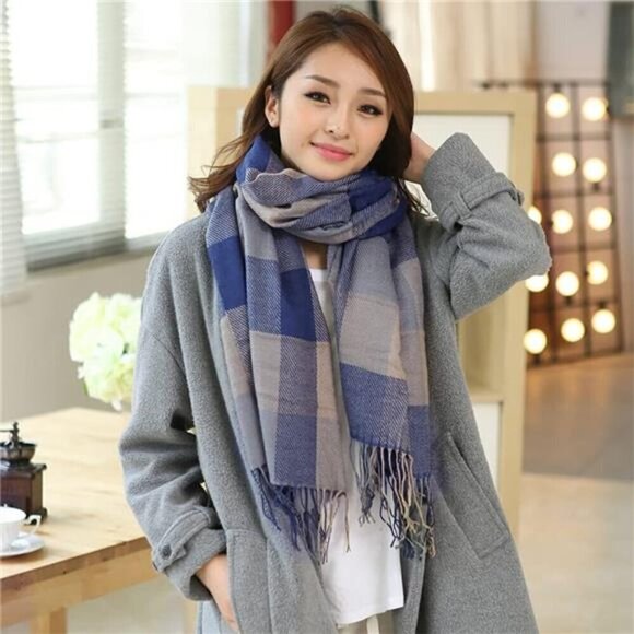 Blanket Scarf Long Plaid Women's Chunky Oversized Fall Warm Winter Grey Blue - Picture 4 of 7